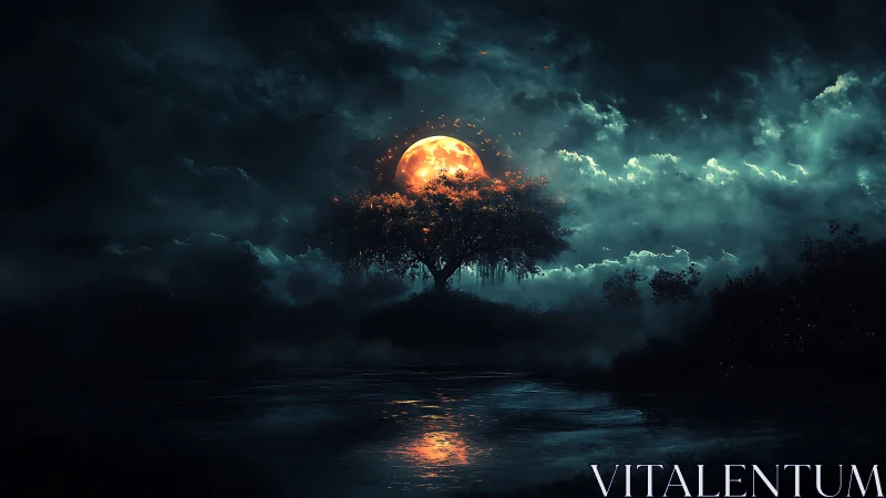 Luminous orange moon framed by solitary tree over misty river
