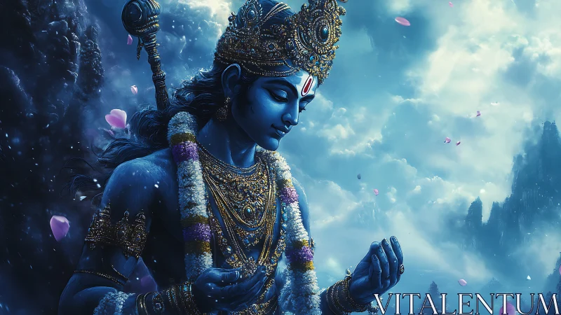 Digital painting of blue deity in ethereal celestial mist.