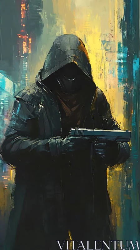 Hooded cyberpunk gunman stalks a neon city alleyway at night.