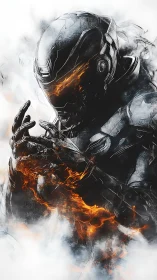 Armored cyber warrior channels molten energy in swirling smoke.