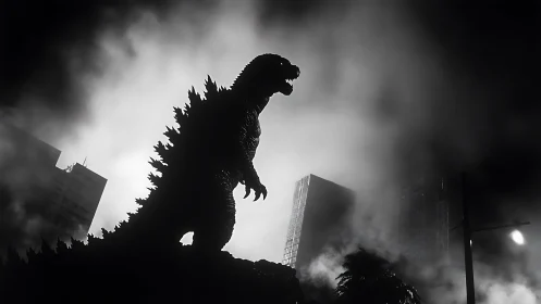 Midnight kaiju silhouette stomps through fog-drowned towers.