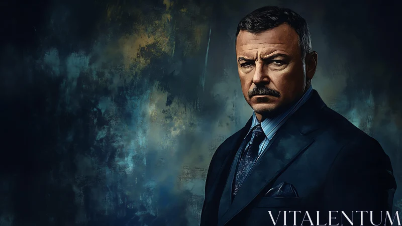 Stoic suited man against dark abstract background.