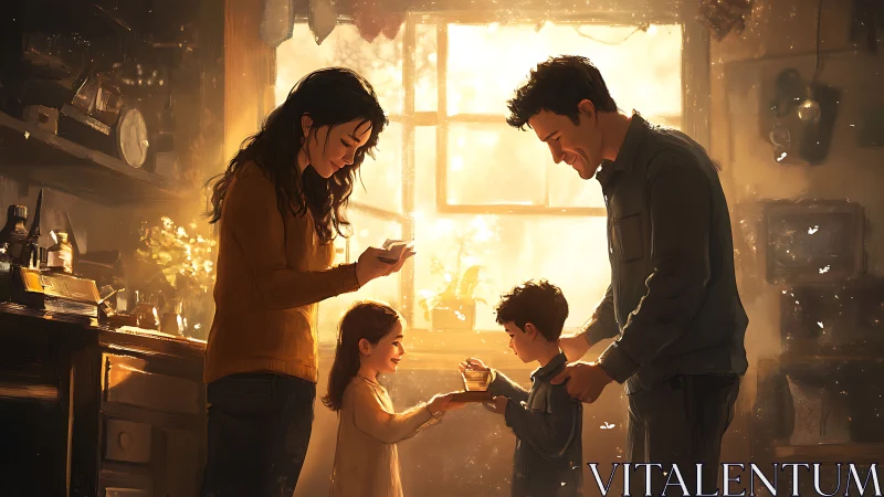 Warm backlit family scene with soft volumetric interior lighting