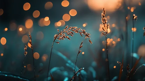Dew covered grass blades against soft sunset bokeh glow.