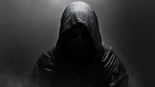 Grim hooded wraith emerging from soft industrial shadows.