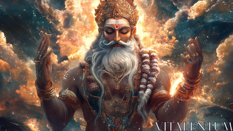 Radiant celestial sage glows with calm power in swirling light