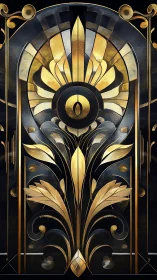 Art Deco gold floral panel with symmetrical geometric ornament.