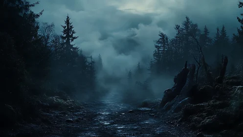 Misty forest valley at dusk with coniferous trees