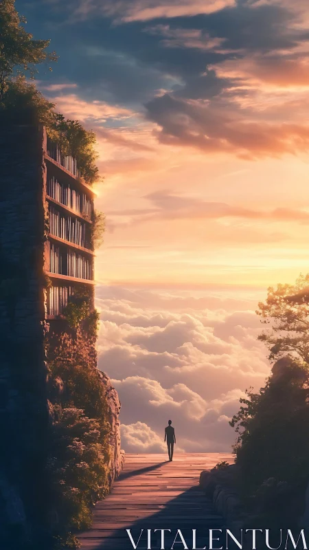 Solitary figure on skybridge above glowing cloud ocean.