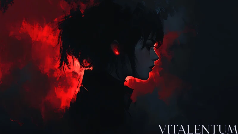 Red backlit female profile rendered in moody digital chiaroscuro