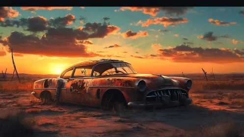 Rusting classic car in dry desert at vivid sunset.