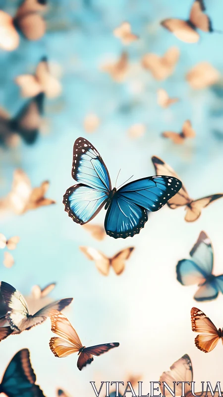 Blue morpho butterfly swarm over soft bokeh sky field.