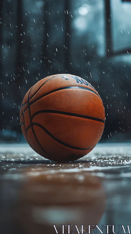 Hydrophobic basketball macro under rainfall on reflective court.