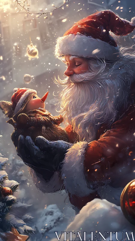 Snowlit Santa cradles a tiny winter friend in glowing hush