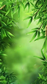 Bamboo foliage with water droplets against diffused green background.