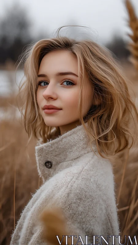 Soft winter gaze in a golden field of quiet warmth.