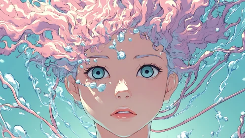 Anime portrait with aquatic motion and pastel chromatic detailing.