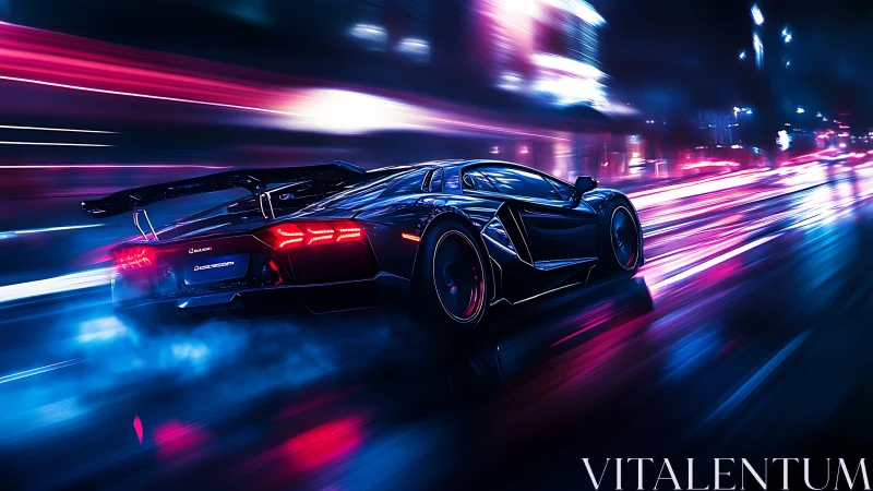 Futuristic sports car racing through neon city streets.