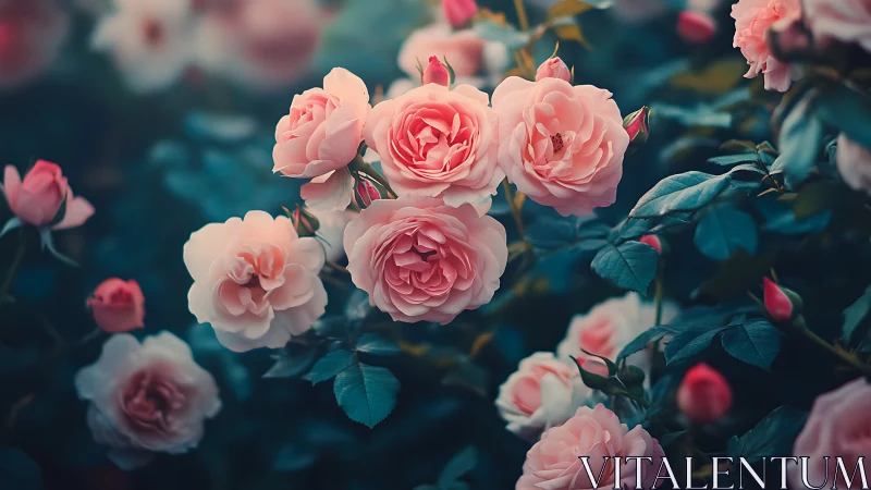 Pink Garden Roses in Full Bloom.