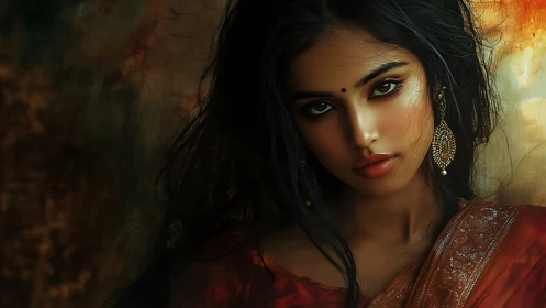 Digital portrait of woman in sari with cinematic warm lighting