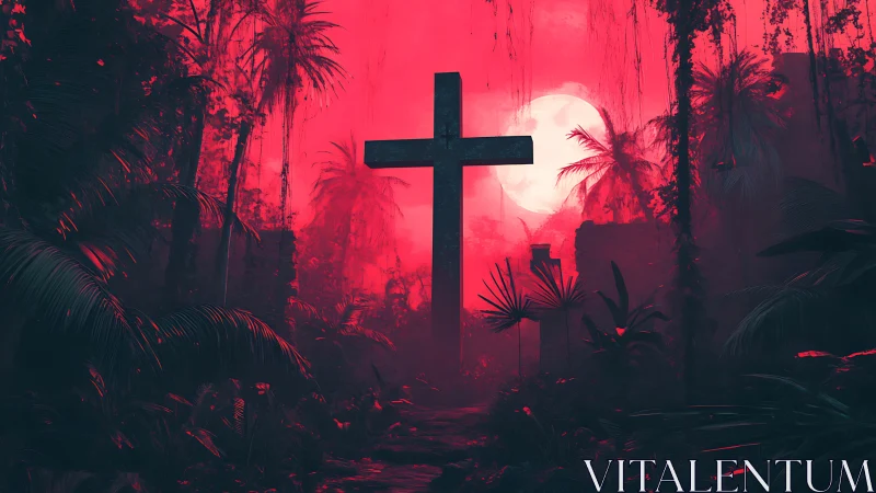 Monolithic cross silhouettes against crimson jungle moonrise
