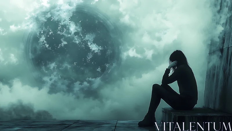 Quiet sky-watcher resting beneath a stormy cosmic moon.