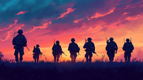 Silhouetted soldiers walking across field at sunset horizon.