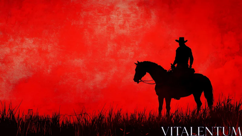 Lone cowboy on horseback rests under a bold red sky
