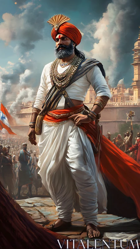 Majestic warrior leader before stormy fort battlements.