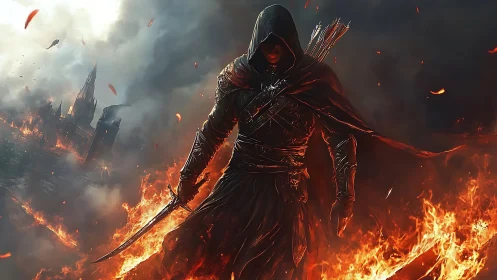 Hooded ranger strides through inferno with flaming skyline.