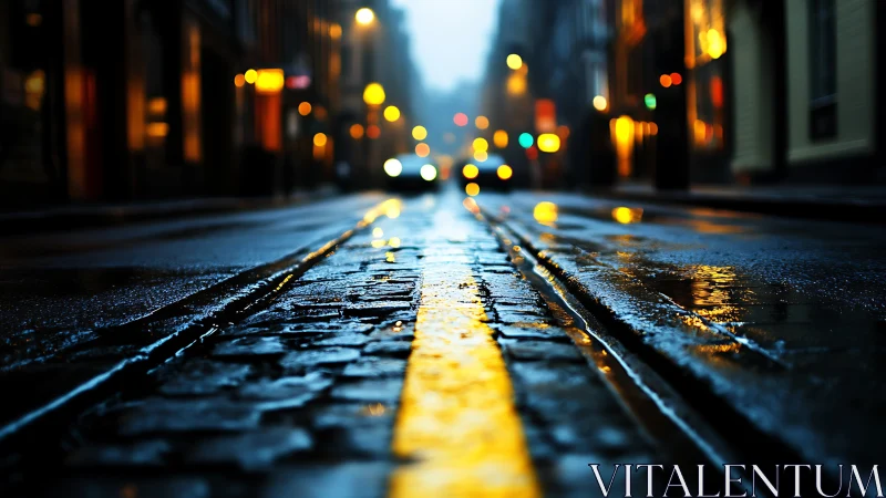 Rain-bright city street where cobblestones quietly glow.