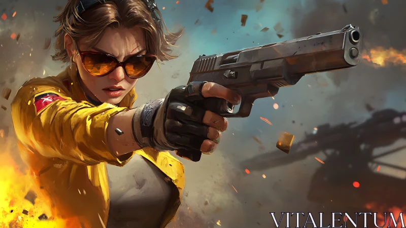Action heroine firing pistol amid blazing battlefield.