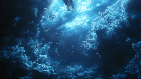 Luminous subaquatic canyon with volumetric caustic lighting.