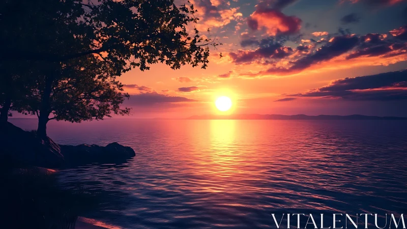 Vibrant digital seascape sunset over tranquil shoreline.