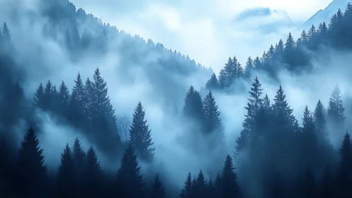 Mountain forest valley shrouded in dense fog and mist