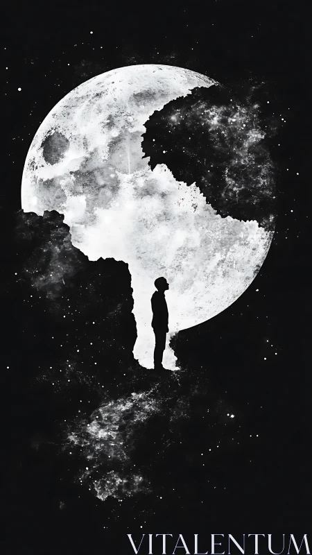 Monochrome lunar silhouette aligned with nebular starfield continuum