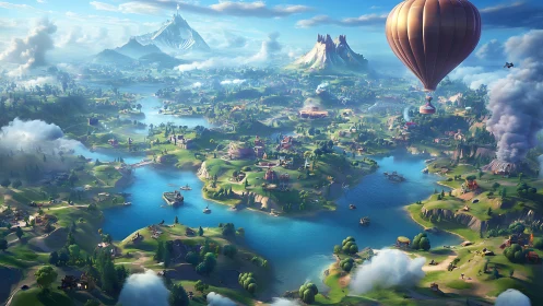 Expansive fantasy archipelago with hot air balloon flight.