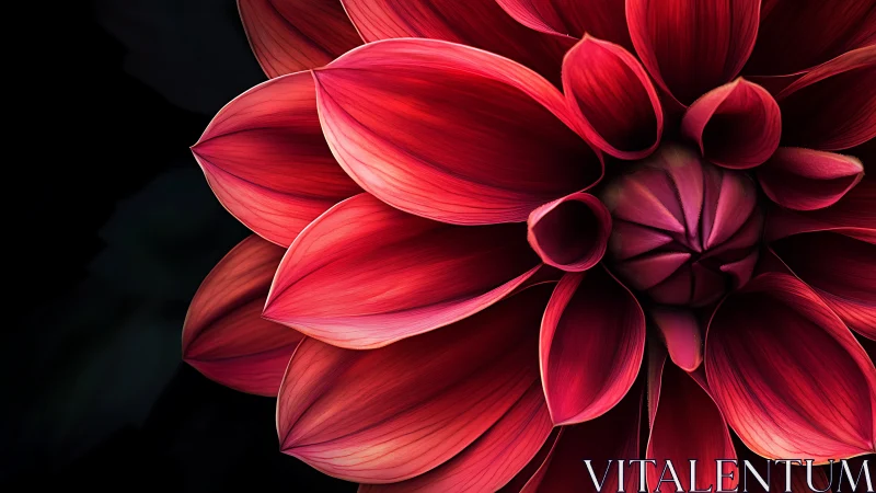 Crimson Dahlia Bloom with Textured Petals Against Black.