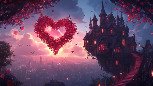 Digital Castle with Glowing Heart Suspended Above Twilight City