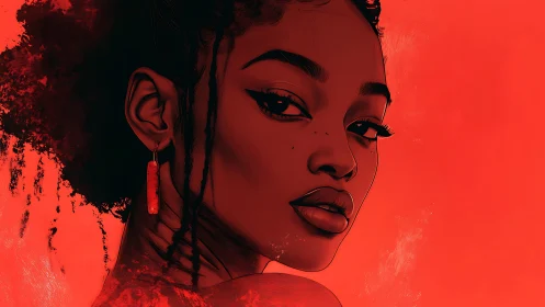 Portrait of woman in red-toned digital illustration profile.