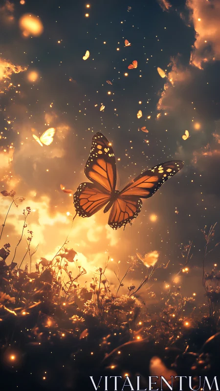 Fireglow monarchs drift through a dusk of pocket stars.