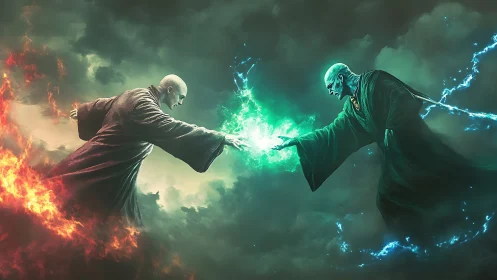 Two robed sorcerers in midair duel with opposing energies.