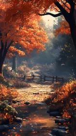 Golden autumn forest path by a gentle woodland stream.