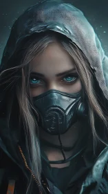 Hooded cyberpunk survivor with mask and neon eyes.