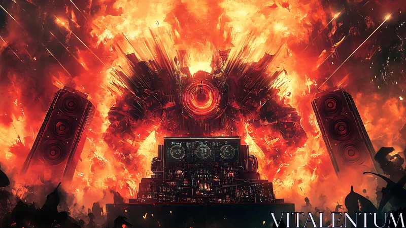 Colossal audio mech erupts from infernal stage in cyber battle