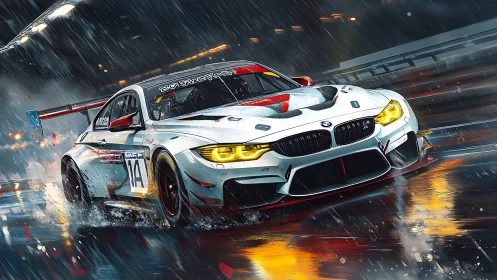 Sleek race car slicing through a glowing midnight rainstorm.