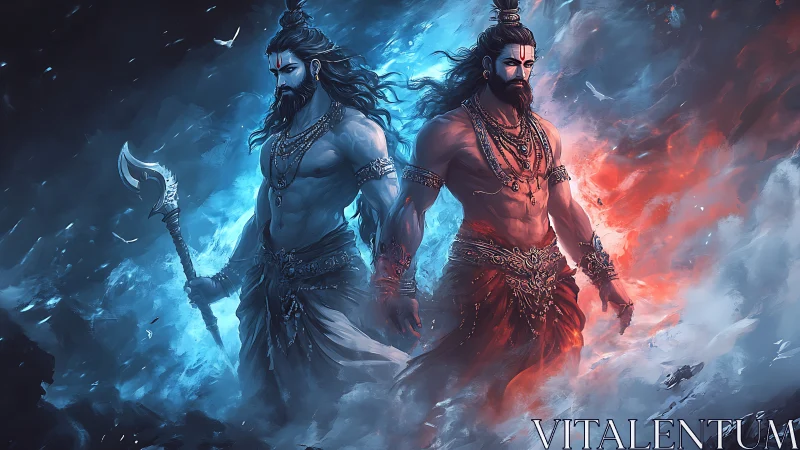 Twin warrior deities stride through swirling fire and ice realms