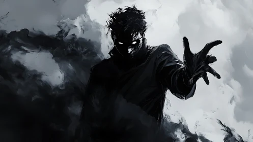 Shadowed figure reaching through swirling stormy mist.