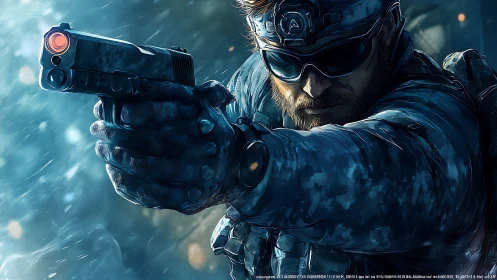 Tactical operator aims pistol under cold cinematic lighting.