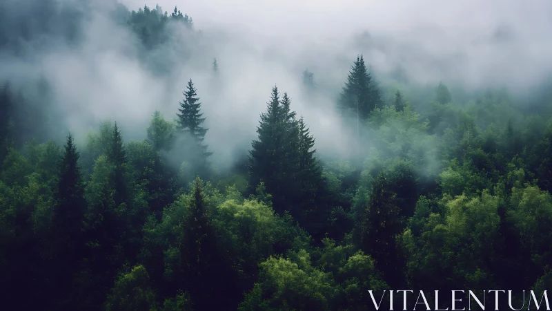 Misty Forest Emerges Through Soft Clouds and Green